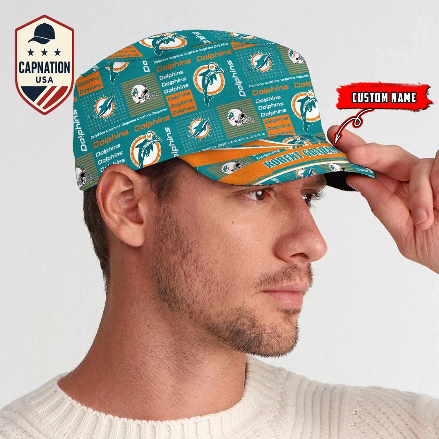 Miami-Dolphins Custom Military Cap N-F-L Flat Cap Baseball Cap Gift For Men