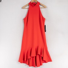 H Halston Dress Sz 10 Red Halter Sheath Ruffle Hem Stretch Party Cocktail New