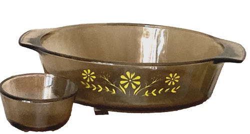 Vintage GLASBAKE Jeanette 2pc Brown Amber Daisy Glass Baking Oval Dish & Ramekin