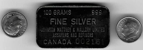 1 Johnson Matthey Canada 100 Gram 3+ Oz Ounce .999 Fine Silver Round Bar