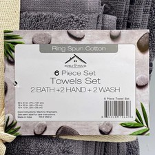 NOBLE HOUSE 6 PIECE TOWELS SET GRAY RING SPUN COTTON - 2 BATH, 2 HAND, 2 - GRAY