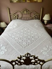 Vintage White Cotton Crochet Lace Double Bedspread Country Cottage Romantic