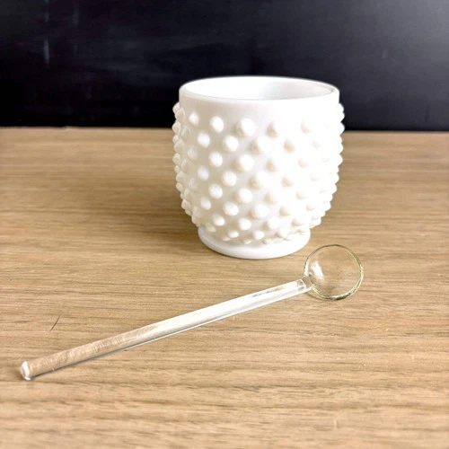 Vintage Fenton hobnail milk glass jam jelly condiment pot with spoon - sugar bow