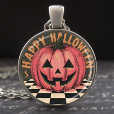 Happy Halloween Necklace Pink Jack O Lantern Pumpkin Pendant Silver Art Jewelry