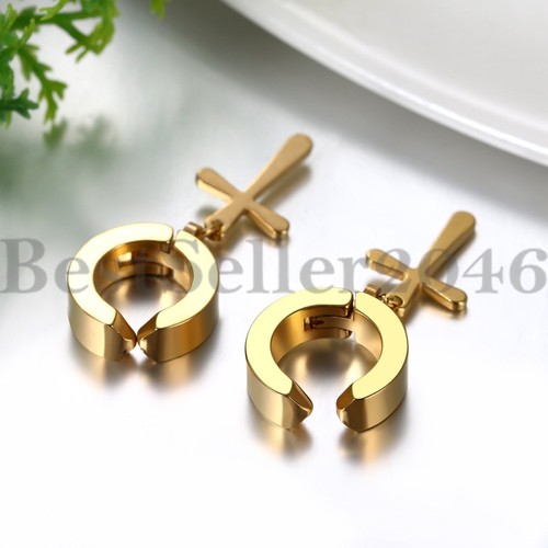 2-6pcs Men Women Stainless Steel Cross Dangle Hoop Clip on Earrings Non-Piercing - 第 7/21 張圖片