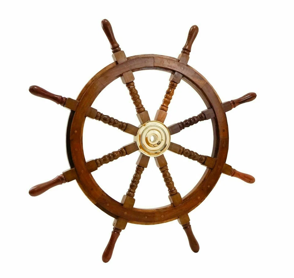 36 Inch Big Ship Steering Wheel Wooden Antique Teak Brass Nautical Pirate Ship's - Image 4 of 4