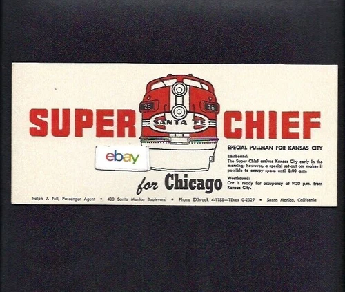 SANTA FE RAILROAD INK BLOTTER SUPER CHIEF PULLMAN KANSAS CITY-CHICAGO UNUSED
