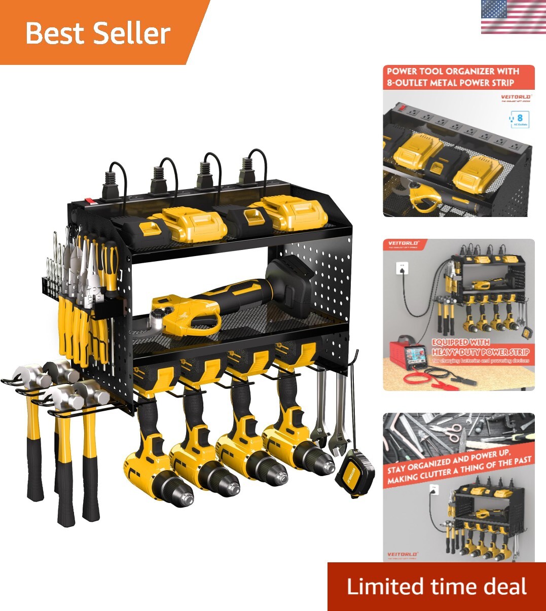 Heavy-Duty Wall-Mounted Power Tool Organizer with 4 Drill Holders and Charging Station