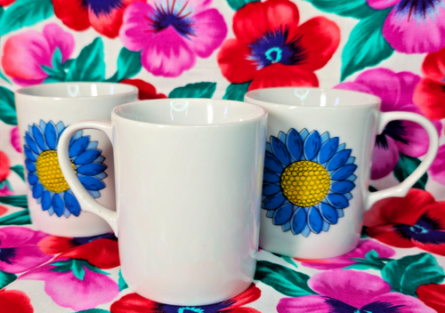 Juego de 3 tazas de café vintage azul margarita - tazas de cerámica floral estilo mediados de siglo - Imagen 5 de 16
