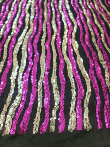 Fuchsia Sequin Fabric sold by The Yard, Gold Fuchsia  Embroidery on Black Lycra  - Picture 1 of 10