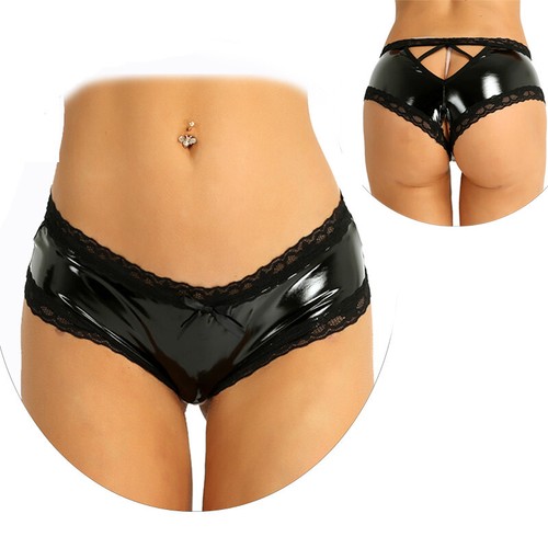 Women Brief Underwear Latex Shorts Lingerie Open Crotch Leather Knicker Thong - Picture 3 of 24
