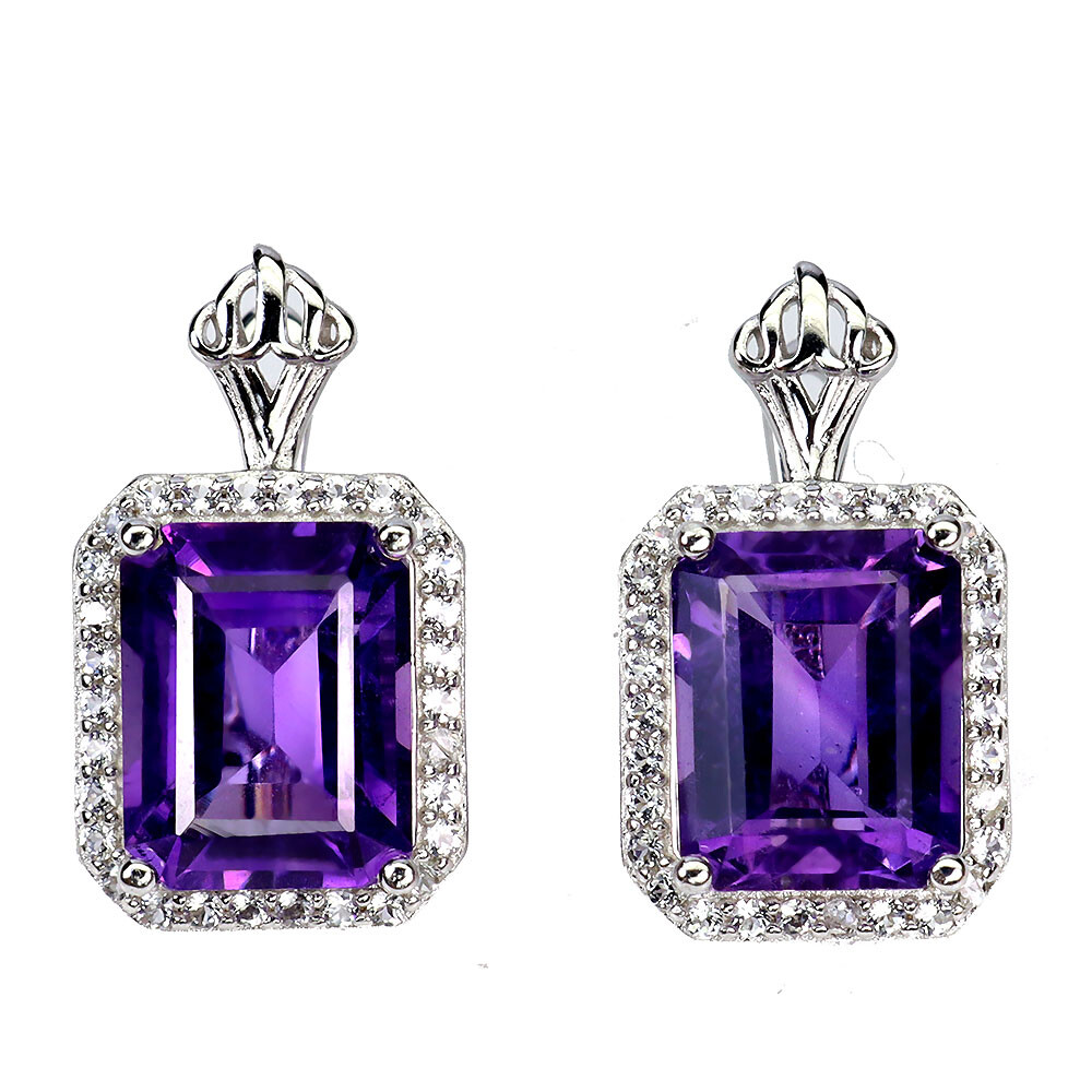 925 Sterling Silver Earrings Octagon Amethyst Topaz Natural