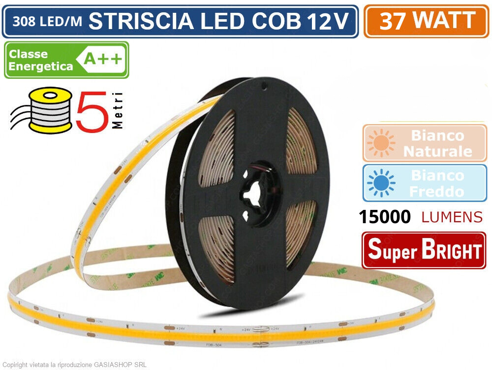 Striscia LED COB 12V 37W 5m 308 L/M | High CRI 15000LM Dimmerabile