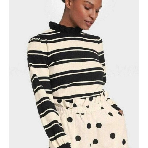 Who What Wear Women's Ruffle Neck L/S Banded Stripe Sweater Black/White XS NWT