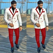 Men's White Red Color Clash Suit Double Breasted Jacket Fashionable Casual Style