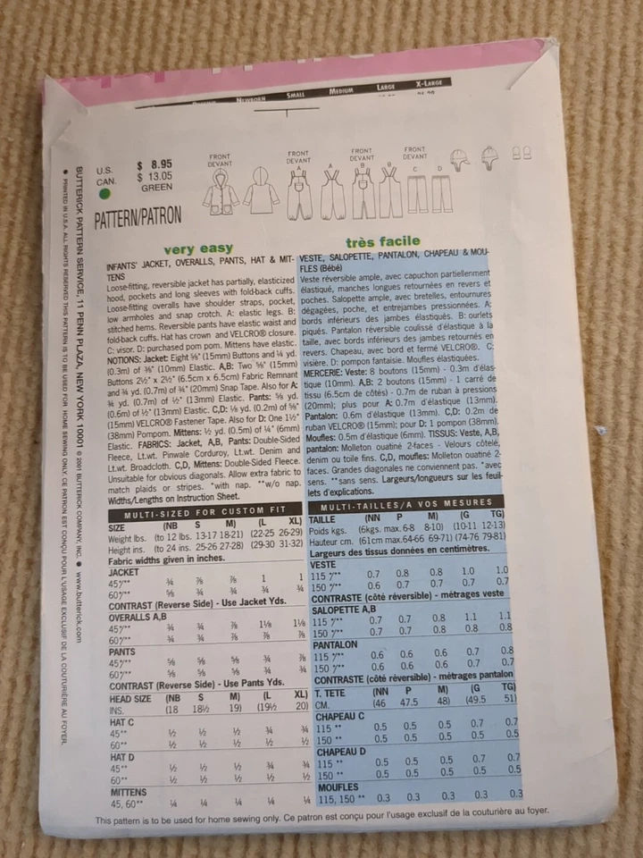 Butterick 5713 Pattern Infants Jacket, Overalls, Pants, Hat & Mittens L-XL uncut - Image 2 of 3