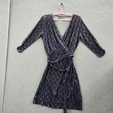 Max Studio Women Dress M Blue Geometric Wrap Long Sleeve