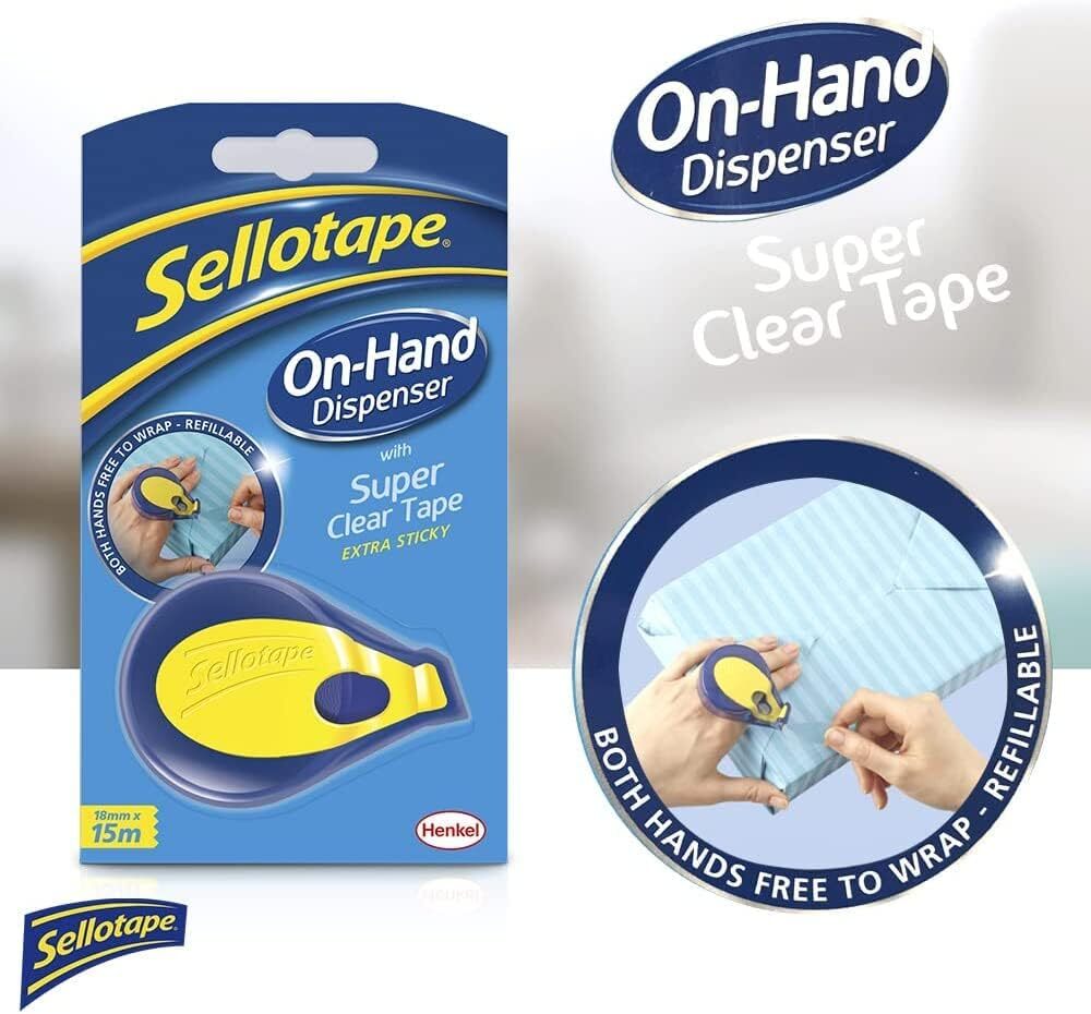 Sellotape OnHand Dispenser with Super Clear Tape, Both hands free for