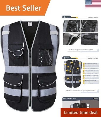 9 Multi-Functional Pockets Zipper Front Safety Vest With Reflective Strips Me...