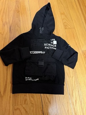 Karl Lagerfeld Kids Black Graphic Pullover Hoodie Logo Accents Size 6