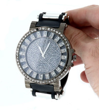 Men's Hip Hop Simulated Diamond Fully Iced Silicone Band Bling Wrist Watch New