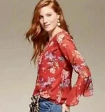 Cabi Sz L Red Floral Flowy Chiffon Bell LS Blouse Style 3590