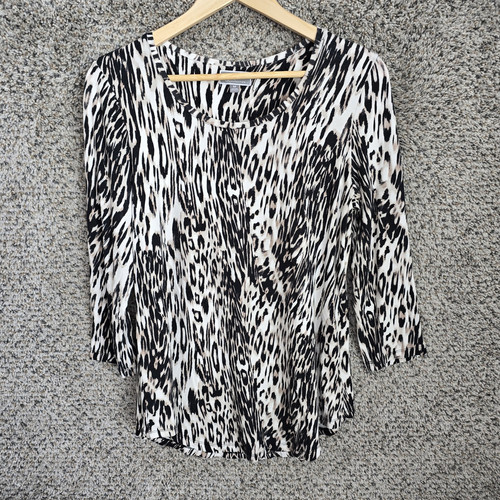 JM Collection Top Womens Medium Black Scoop Neck Animal Print 3/4 Sleeve Tee