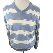 Tommy Hilfiger Mens V-Neck Sweater Pima Cotton Blue White Medium NWT 2016