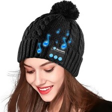 Bluetooth Beanie Hat Pom Music Cap Wireless Headphones Stereo Headset Black