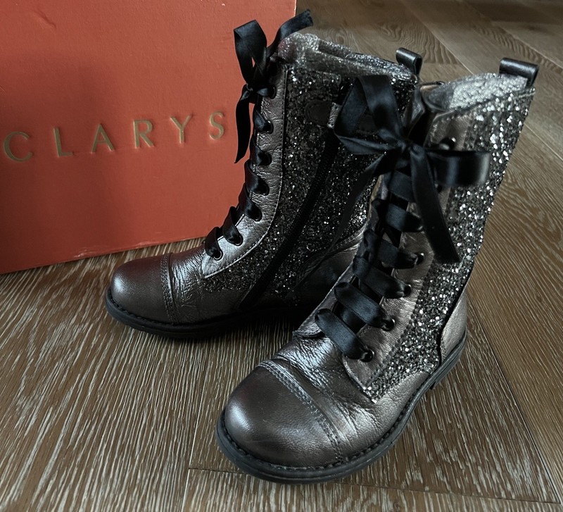 CLARYS Girls Glitter Lace-Ups Leather Boots In Pewter EURO 26/US 9.5 EUC