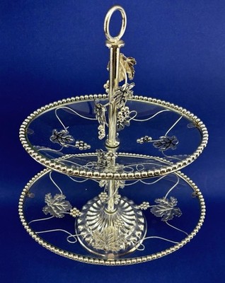 Chrome And Glass 2 Tied Ornate Oval Cake Cupcake Sweets Stand Silver Leaves