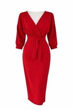 Boohoo Red Wrap Midi Dress Size UK 12 | Tie Waist V-Neck Occasion Dress
