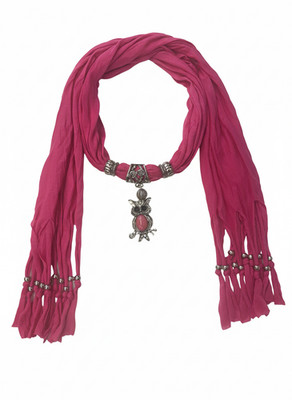 Bright Fuchsia Pink Scarf Necklace with Pink Stone Owl Pendant