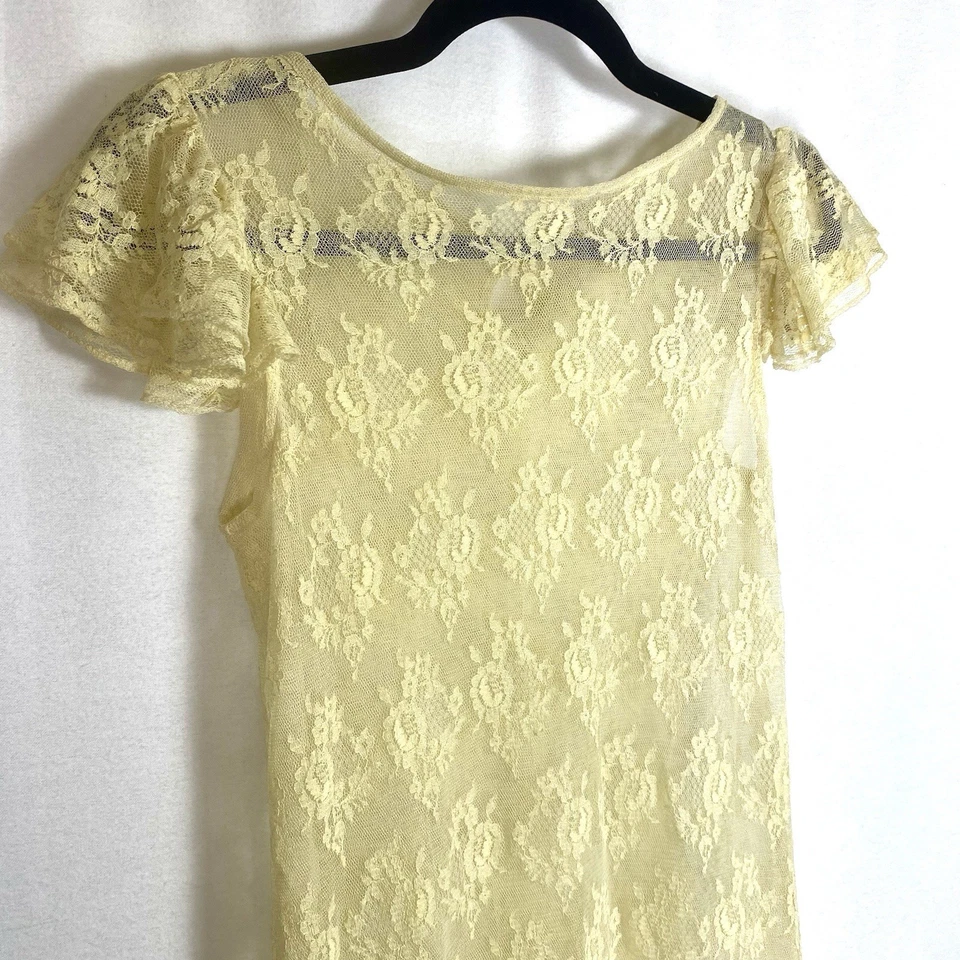 Винтажное антикварное желтое кружевное платье-флиппер 1920-х с цветочным рисунком с заниженной талией маленькое - Изображение 2 из 4