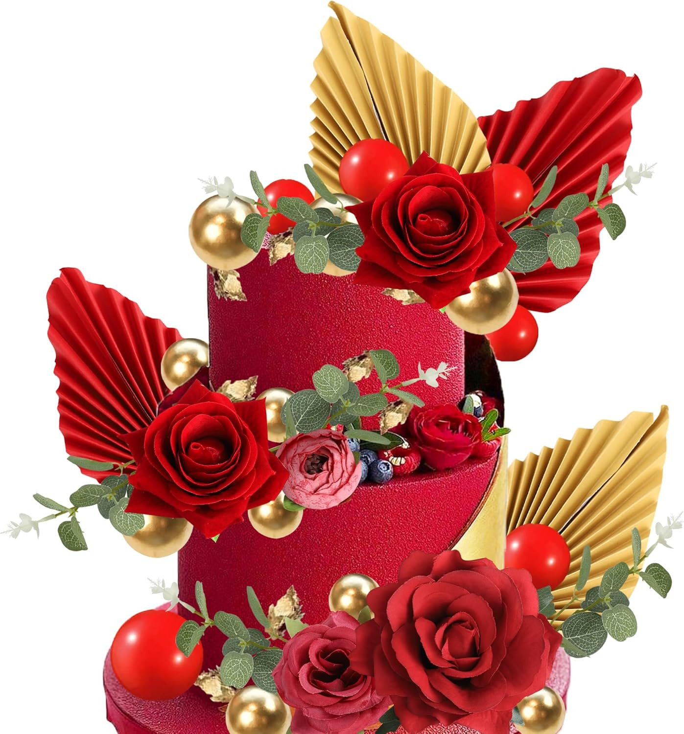 30 Pack Red Rose Flowers Cake Topper Artificial Flower Leaves Balloon Palm Fan