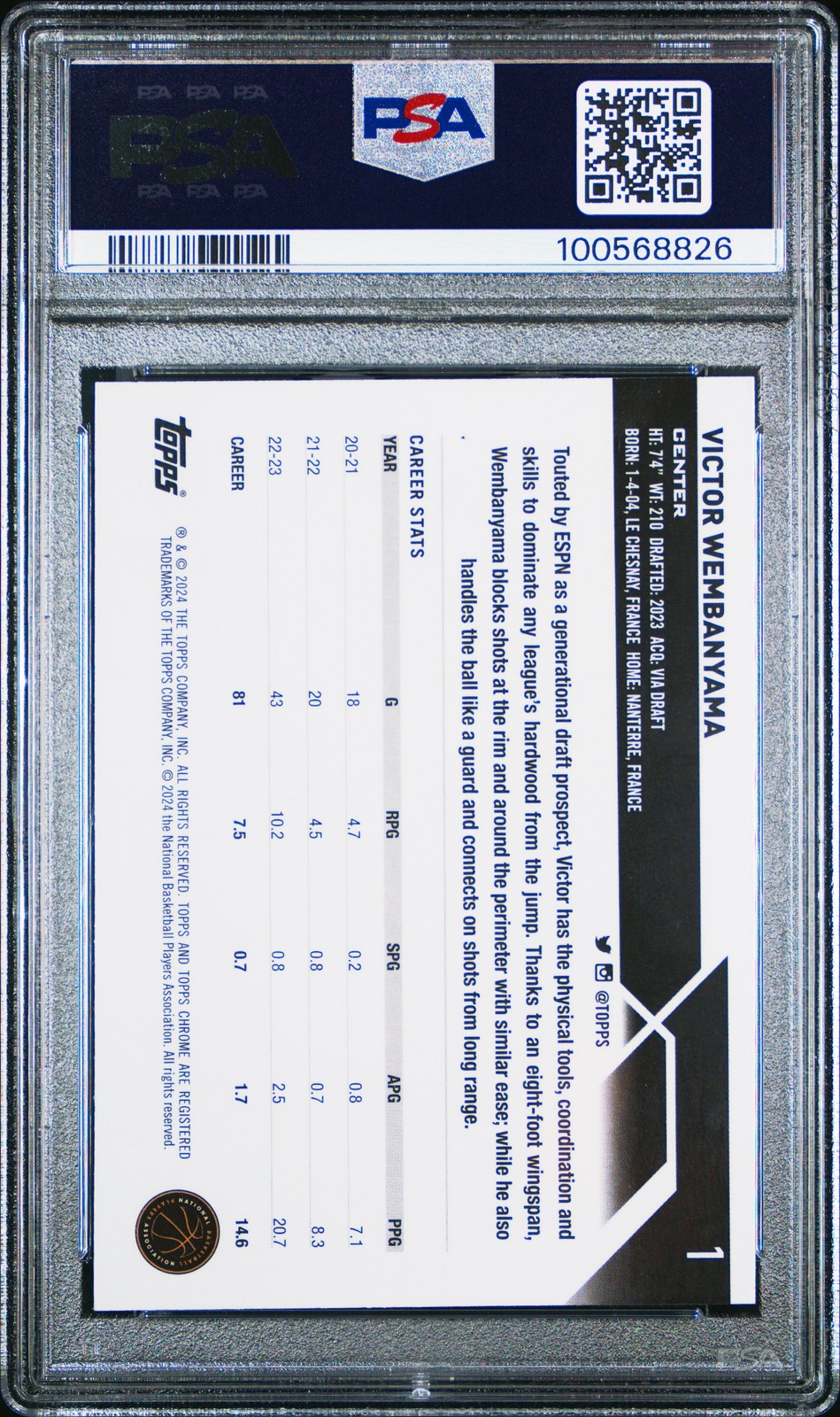 Victor Wembanyama 2023 Topps Chrome #1 PSA 10 Rookie Spurs view 2