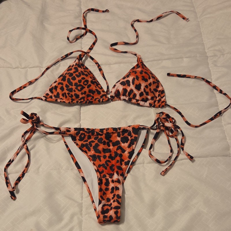 SHEIN Orange Black Leopard Print Mesh Triangle Halter Bikini Set 2pc Womens L