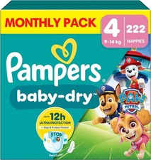 Pampers Baby-Dry Paw Patrol Edition Size 4, 222 Nappies, 9kg-14kg, Monthly Pack+ 0.16 per nappy