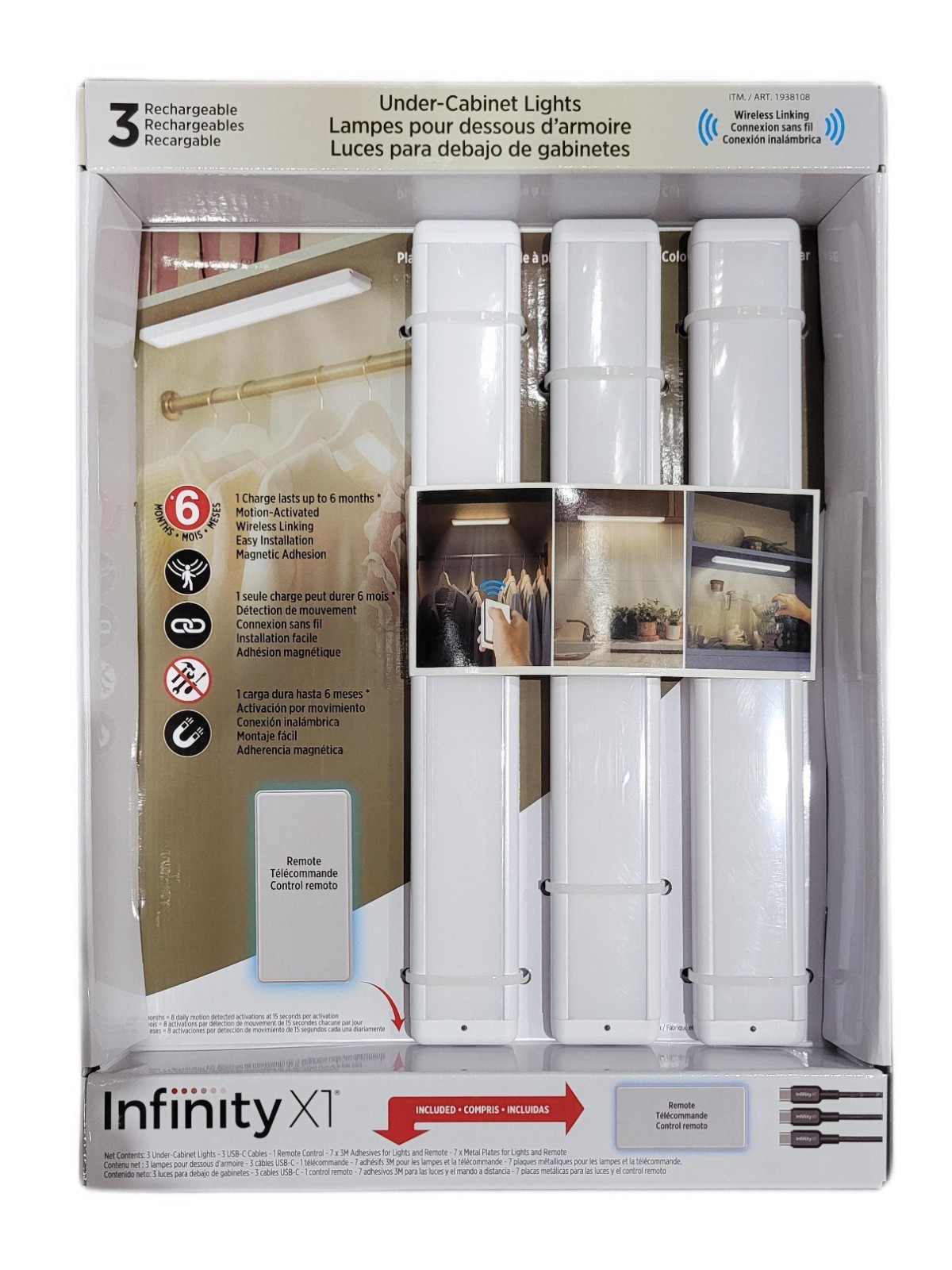 Infinity X1 Under Cabinet Light, 3 Pack 200 Lm Cabinet Lights with Touch Remote