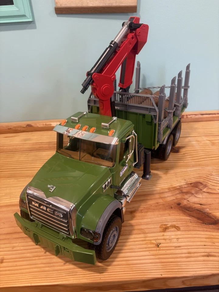 Vintage 2007 Bruder Mack Granite Timber Truck w/ Loading Crane and 3 Trunks - Image 3 of 4
