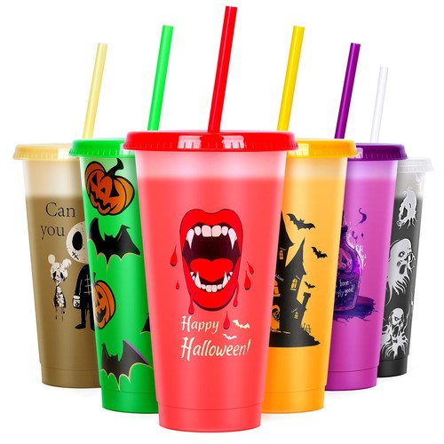 Halloween Color Changing Cups with Lids and Straws, 6 Pack 24oz Plastic Hallo...