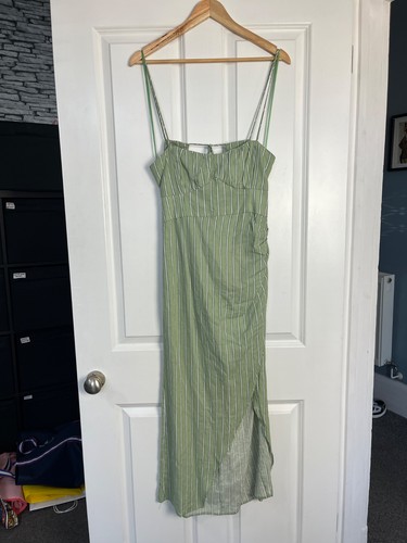 ZARA Green Stripe LINEN BLEND Corset MIDI DRESS - Medium UK 10-12