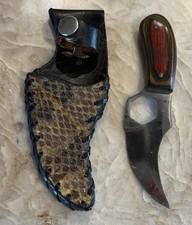 Vintage Short Skinner Knife W/ Hexagonal Finger Hole & Rattlesnake Sheath