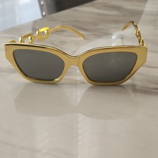 Square Gold Metal Frame Women's Sunglasses Chain Temples Gray Tinted Lenses