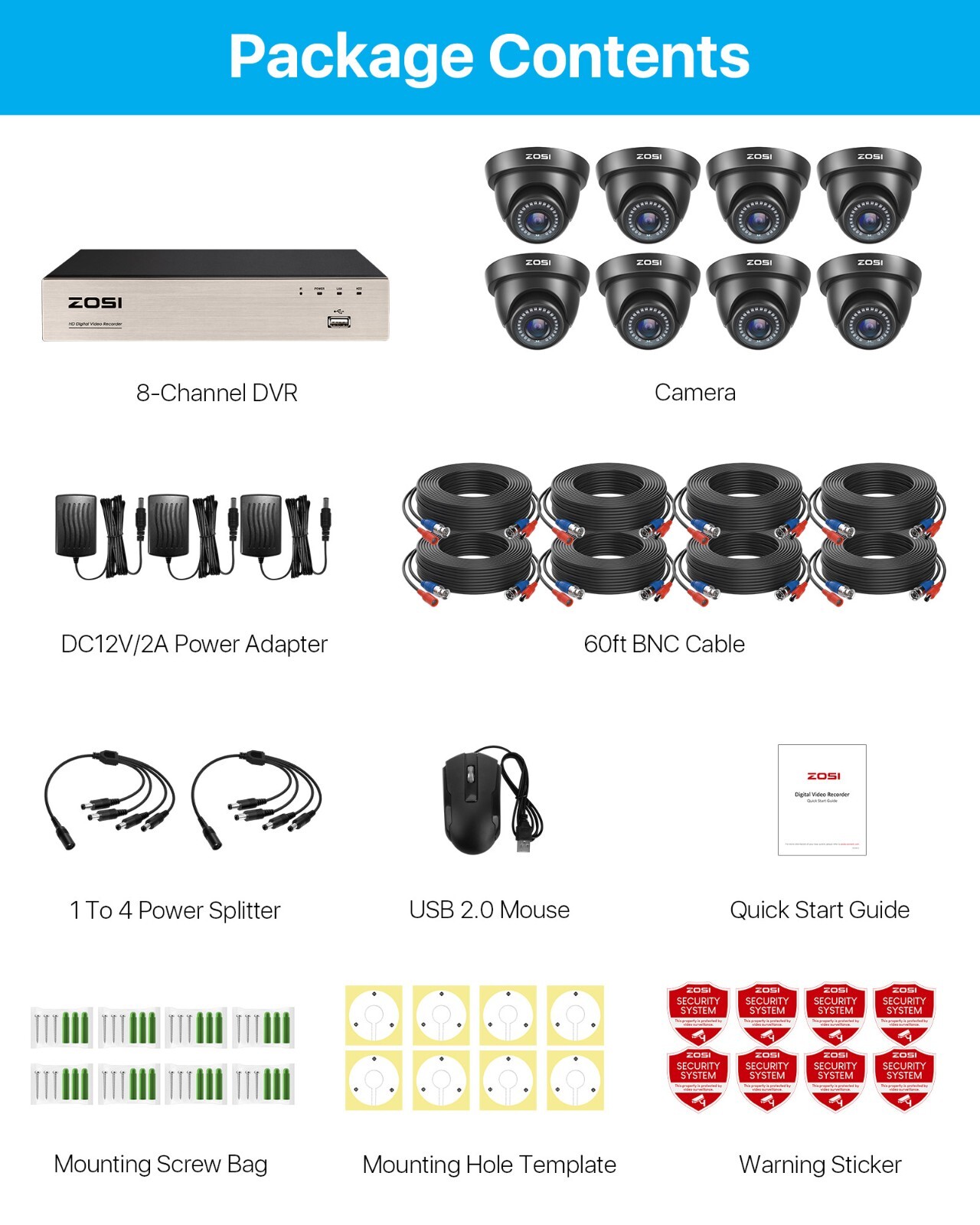 ZOSI H.265+ 1080p Dome Home Surveillance Security Camera System 8CH 5MP Lite DVR