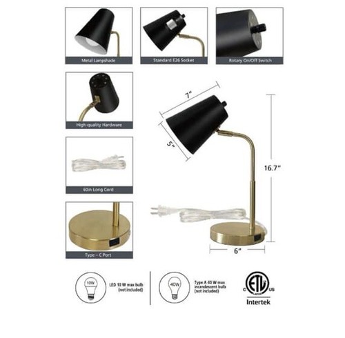 LAMPz Soho Desk Lamp with Adjustable Shade & USB-C Charging Port 15.5" Brass NIB - Picture 4 of 4