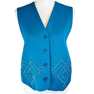 Vintage  Wool Vest Button Front Sz 8 IB DIFFUSION Blue Teal Zig Zag Ribbon