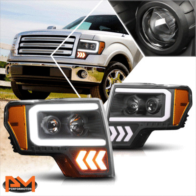 For 09-14 Ford F150 LED DRL+Arrow Signal Lamp Projector Headlights Black/Amber