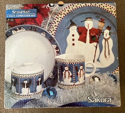 NEW Sakura Debbie Mumm Snowman 5 Piece Completer Stoneware Christmas Set 1997