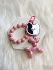 Pink Puppy Dog keychain Purse Bag charm key fob Beaded chain strap Mirror Bear